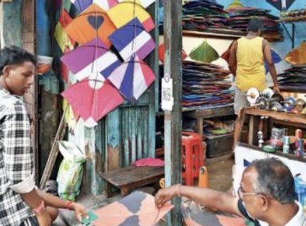 Kites on sale at a kite shop in Santosh Mitra Square